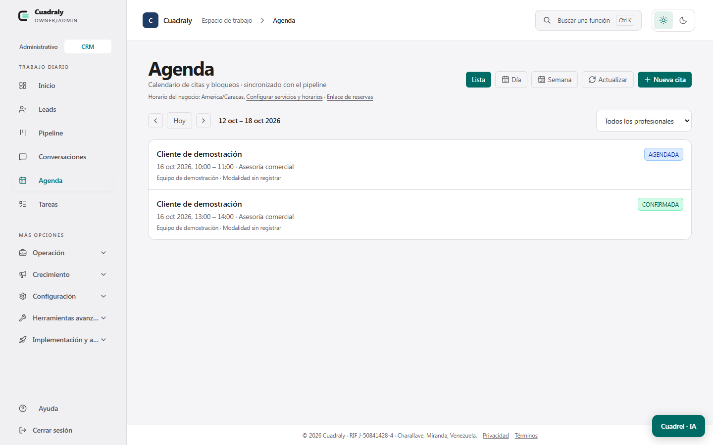 Captura real de Cuadraly: agenda de citas