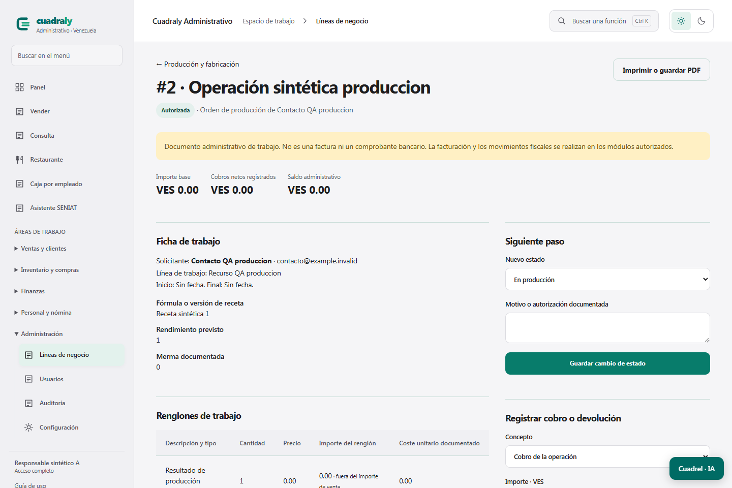Ficha de trabajo de Producción y fabricación en Cuadraly