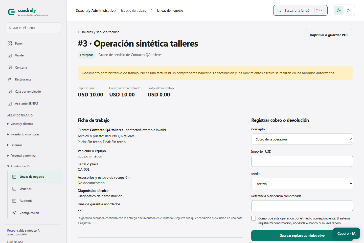 Ficha de trabajo de Talleres y servicio técnico en Cuadraly
